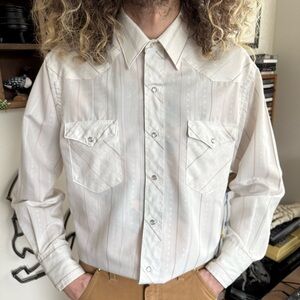 Vintage 80s Wrangler Semi Sheer Pearl Snap Striped Western Work Shirt ~ Size L